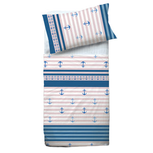 Completo letto Pompea Ancora lenzuola sopra sotto con angoli federa blu