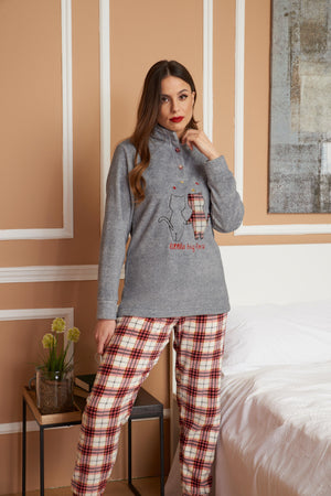 Pigiama donna invernale coral gattini fantasia quadretti grigio orchidea Karelpiù SE3478