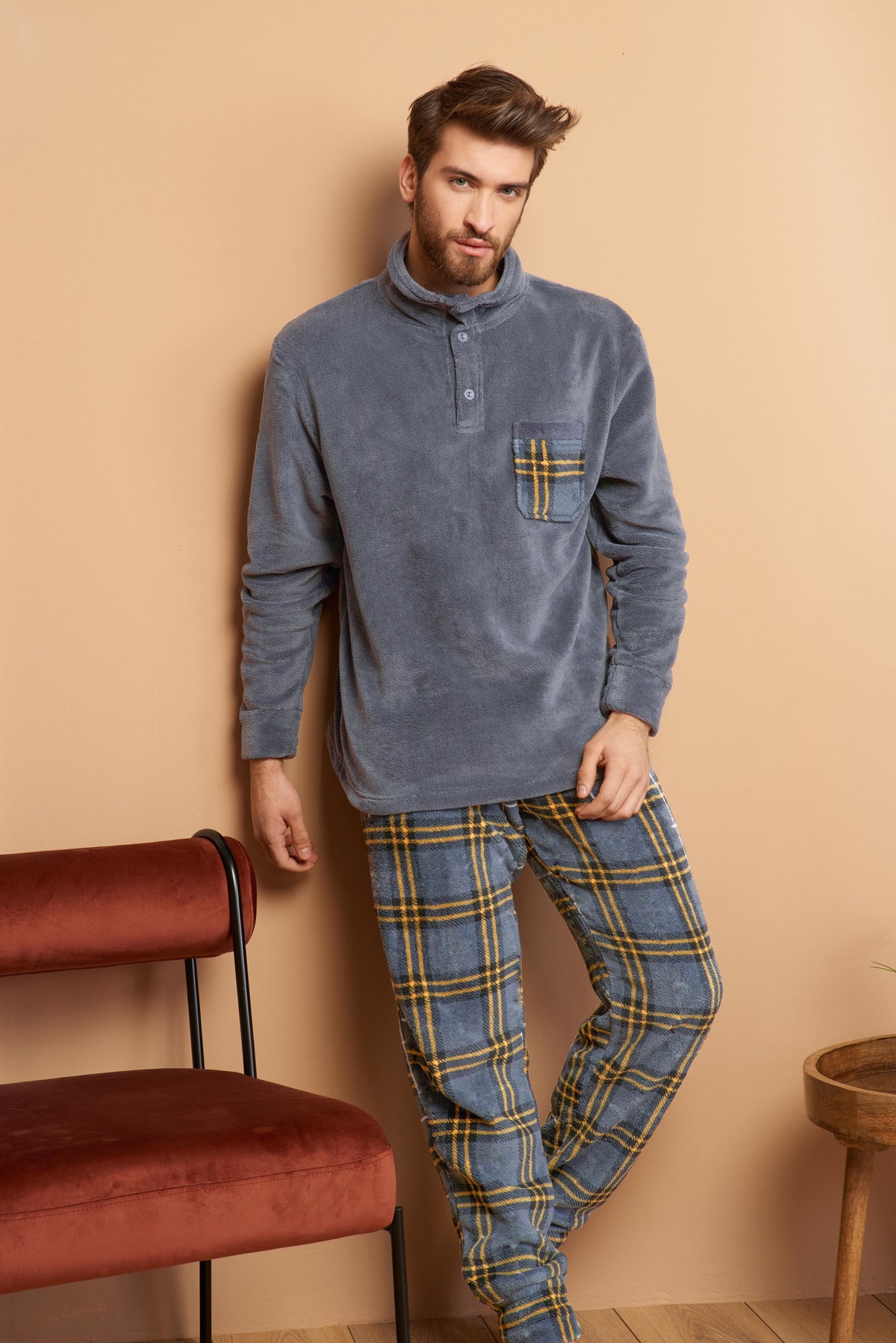 Pigiama coral collo alto antracite pantalone quadri gialli Karel uomo SE3480