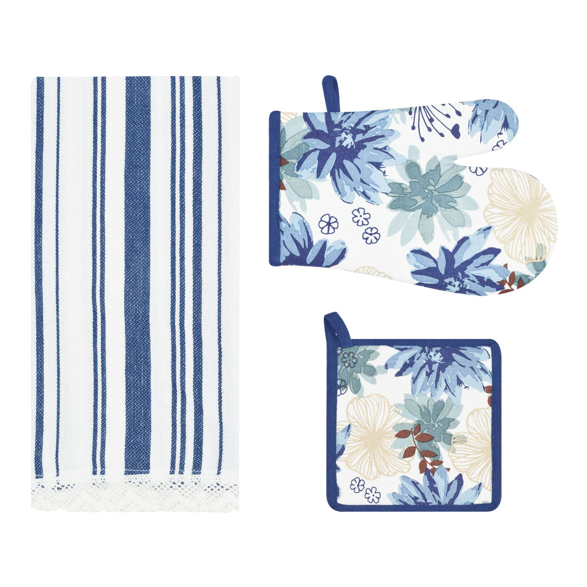 Set di guanto + strofinaccio + presina Preziosa Calisè W01 B blu