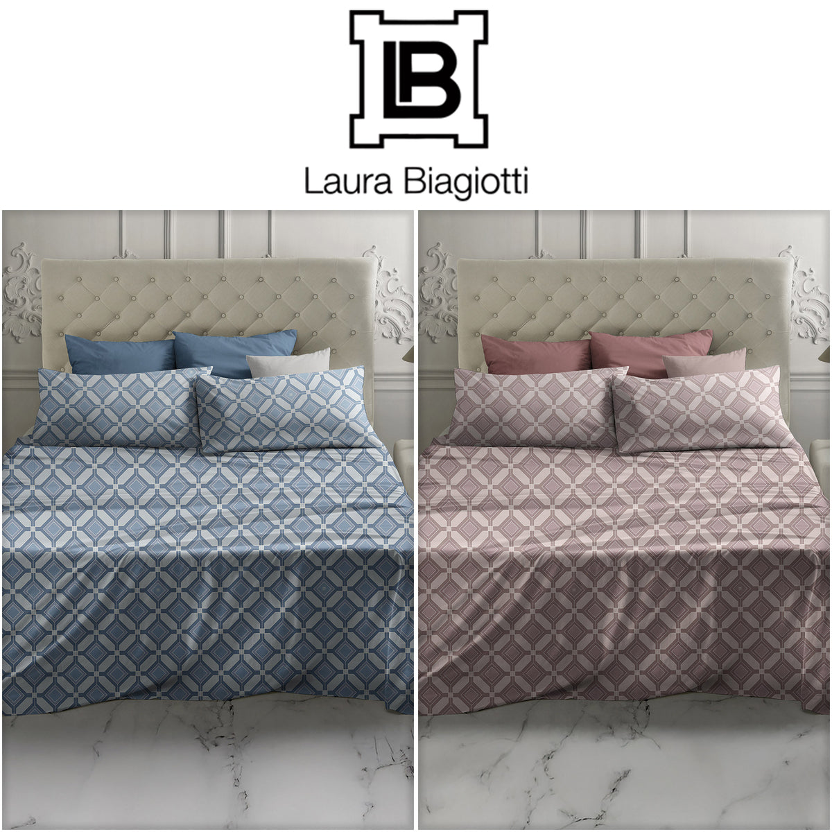Completo Letto Matrimoniale fantasia geometrica 100% cotone Alcamar Laura Biagiotti