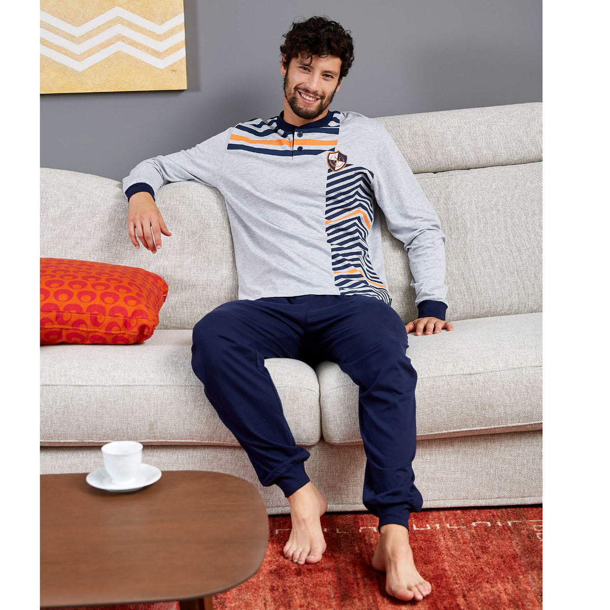 Pigiama uomo Navigare B2141282 in cotone grigio melange blu