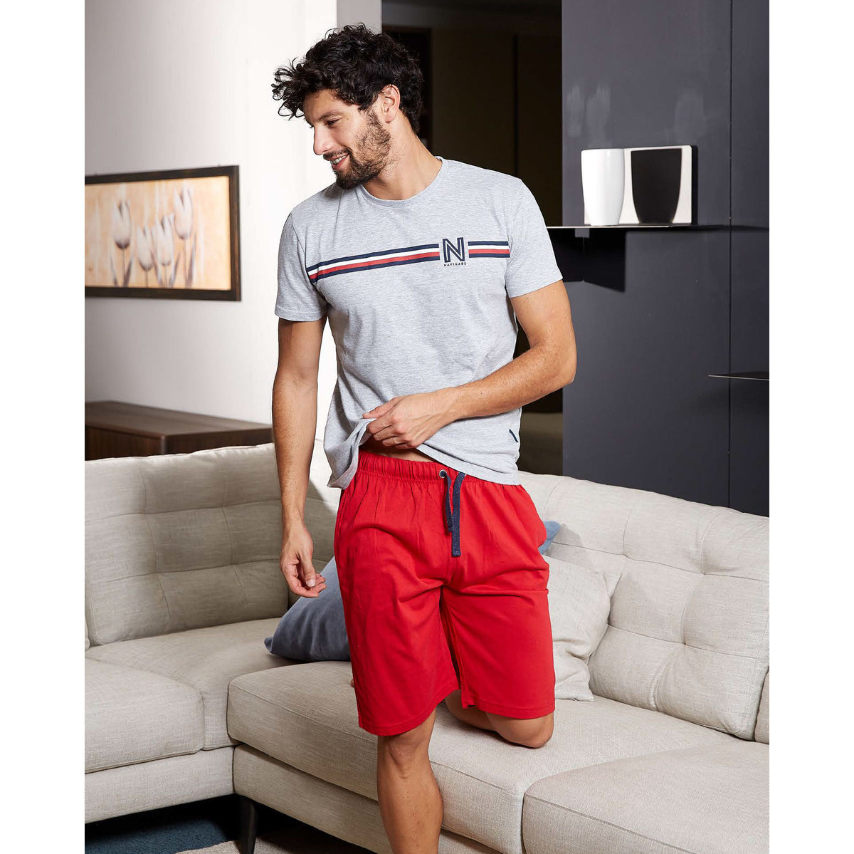 Pigiama uomo estivo Navigare 2141328 cotone grigio melange rosso