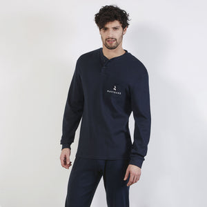 Pigiama uomo blu con polsini e bottoncini cotone leggero B2Y14589