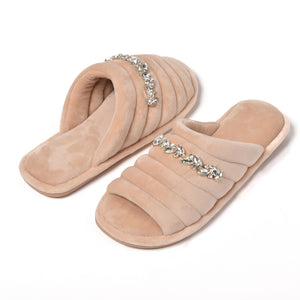 Pantofole punta aperta in ciniglia decoro strass 0059 beige