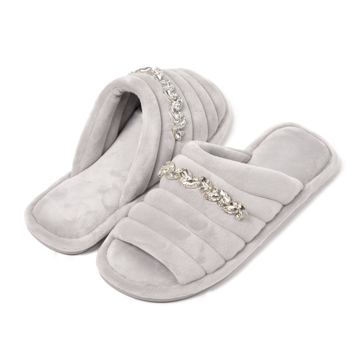 Pantofole punta aperta in ciniglia decoro strass 0059 grigio