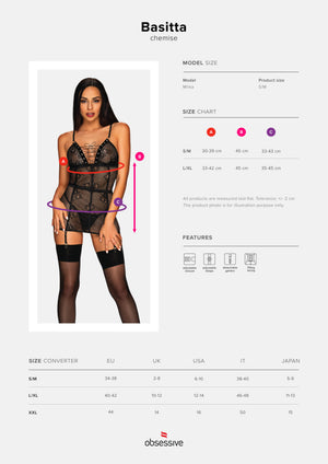 Chemise in sexy pizzo rete + reggicalze removibile + perizoma Obsessive Basitta