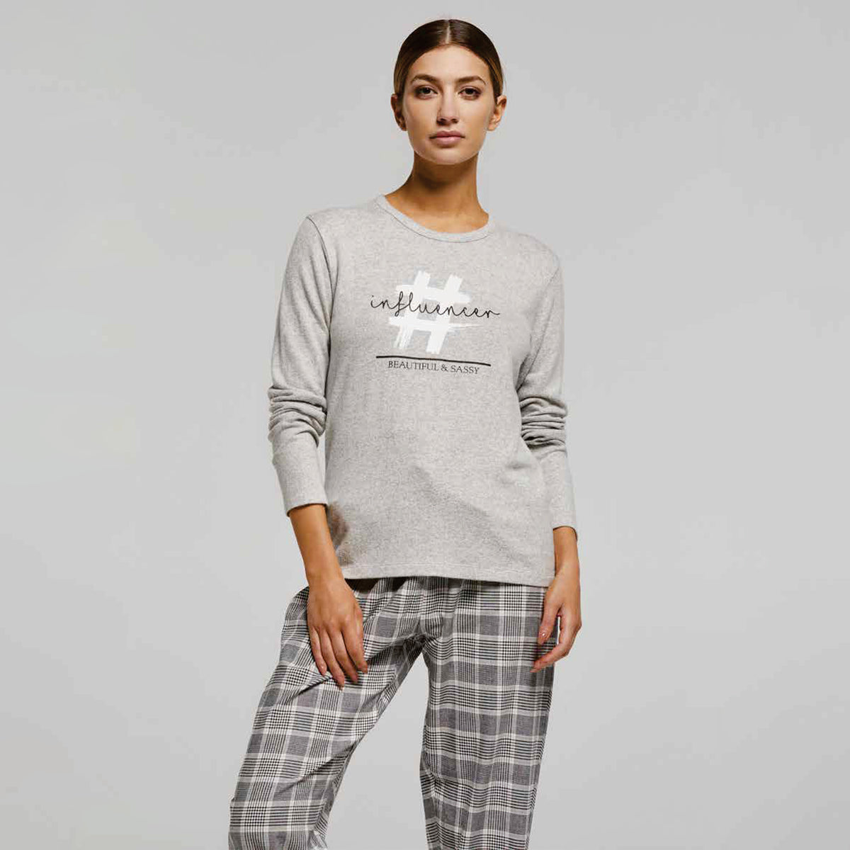 Pigiama Donna in caldo cotone pantalone a fantasia principe di galles Pompea Bianca