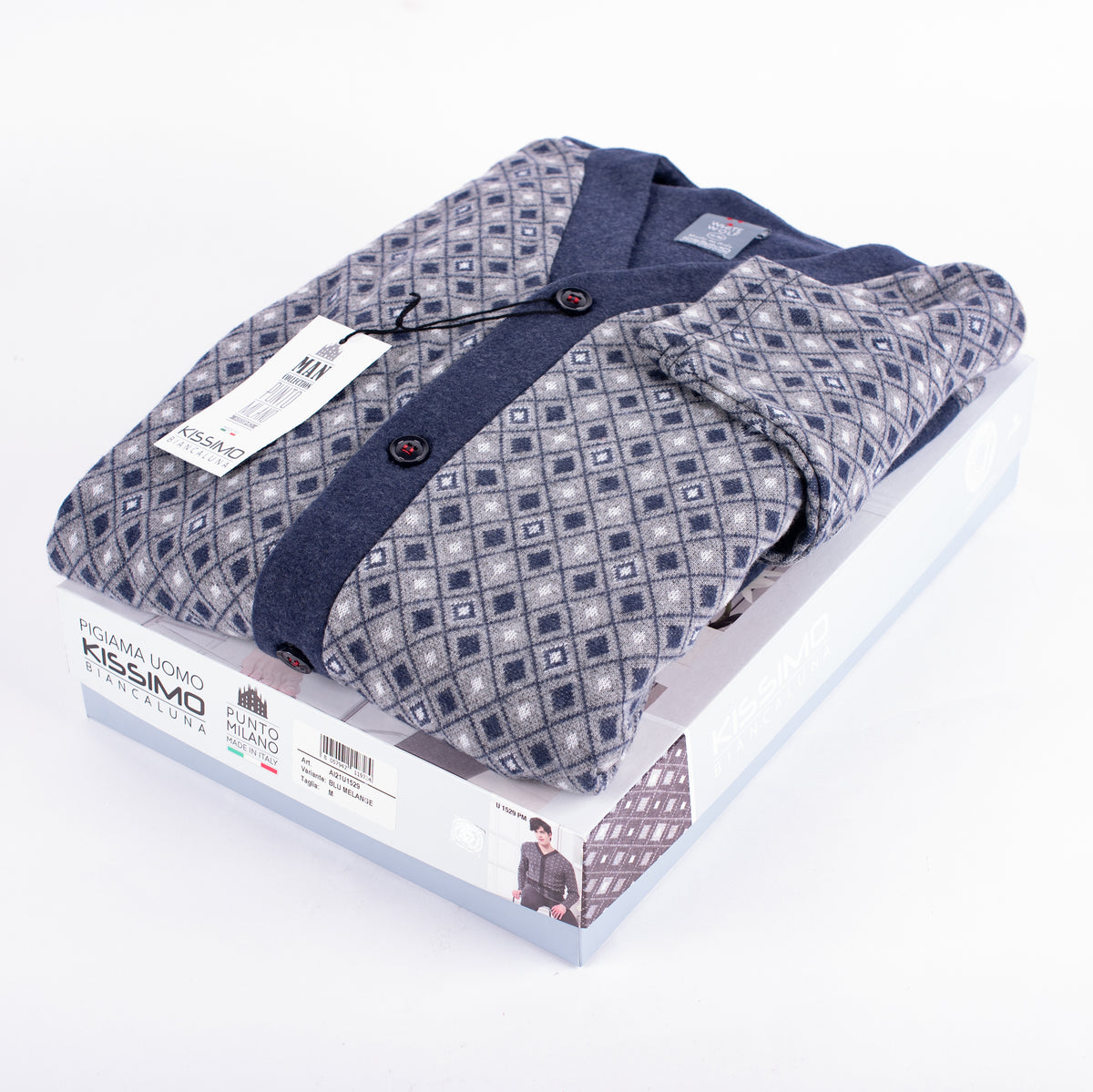 Pigiama uomo a giacca punto milano blu rombi  Biancaluna U1529