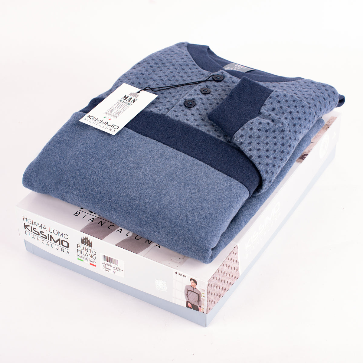 Pigiama uomo invernale punto milano Biancaluna U1531 blu rettangoli
