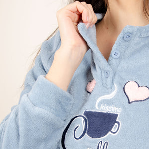 Pigiama donna in coral Biancaluna 33005 celeste blu coffee time 