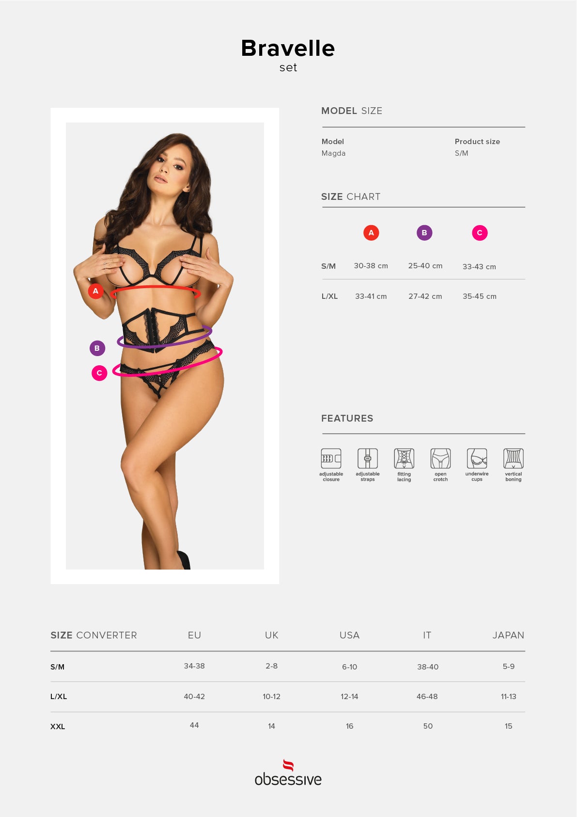 Sexy coordinato aperto donna Obsessive Bravelle set da 3 pezzi 