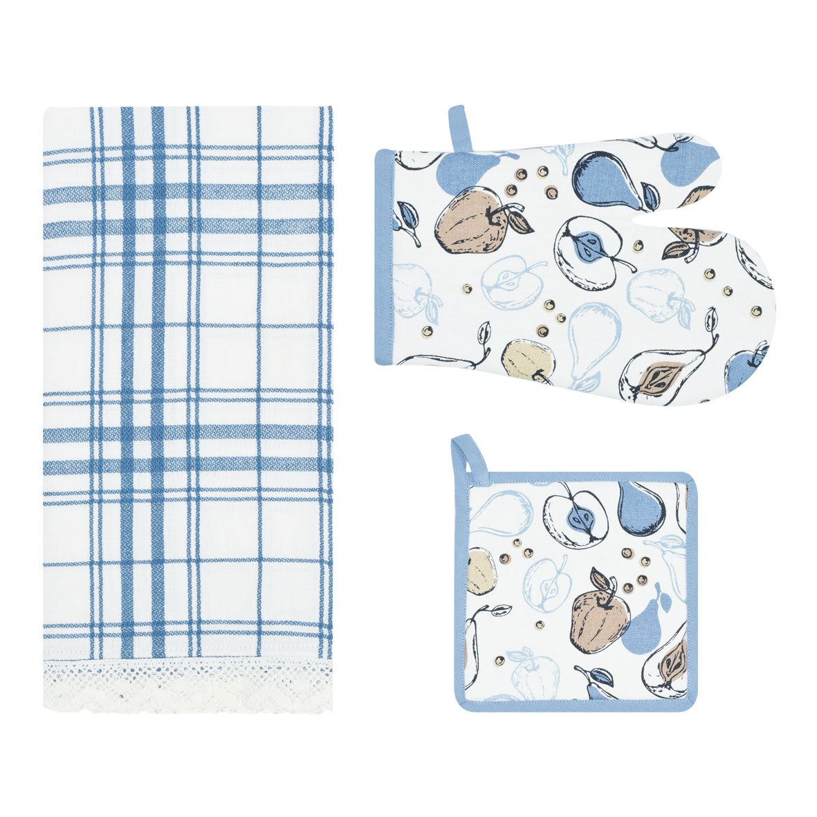 Set di guanto + strofinaccio + presina Preziosa Calisè W01 C celeste