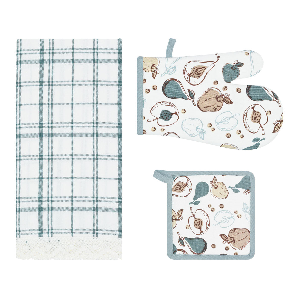 Set di guanto + strofinaccio + presina Preziosa Calisè W01 C verde