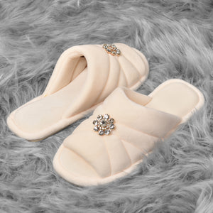 Pantofole punta aperta in ciniglia con strass 0058 panna