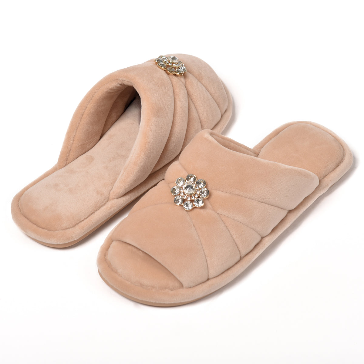 Pantofole punta aperta in ciniglia con strass 0058 beige
