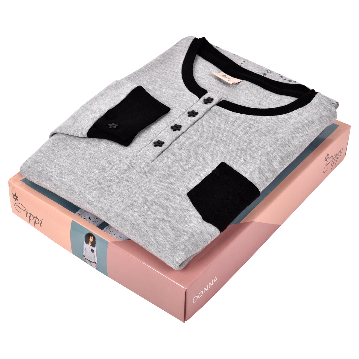 Pigiama donna invernale Cippi 2225 caldo cotone grigio melange stelline