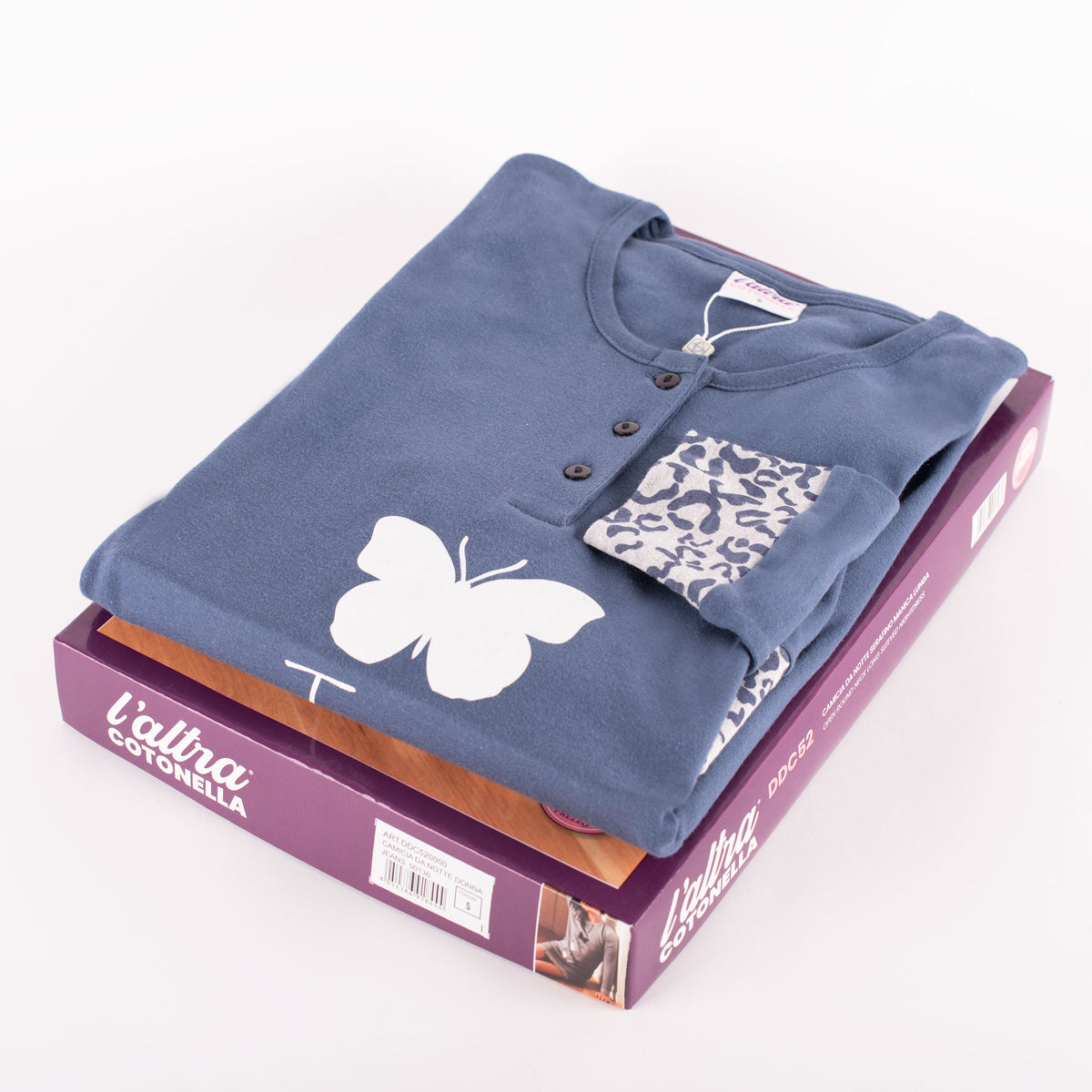 Camicia da notte Cotonella abito da notte caldo cotone DDC52 blue jeans farfalla