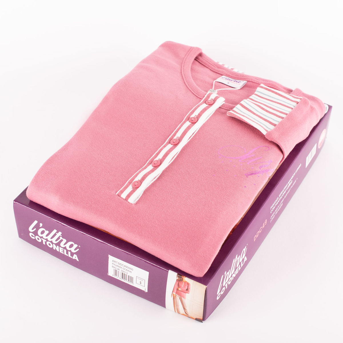 Pigiama donna caldo cotone rosa righe Cotonella DDC49 malva