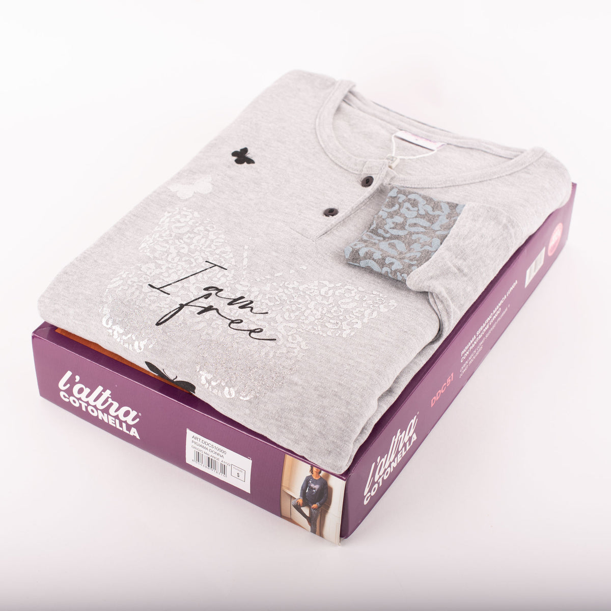 Pigiama donna cotonella caldo cotone manica lunga DDC51 grigio farfalle