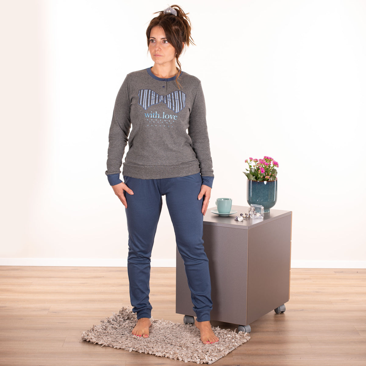 Pigiama donna interlock fiocco jeans grigio Cotonella DDC38