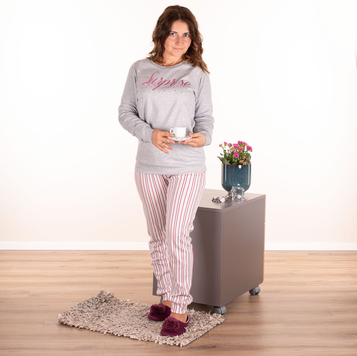 Pigiama donna cotonella caldo cotone manica lunga righe DDC48 grigio