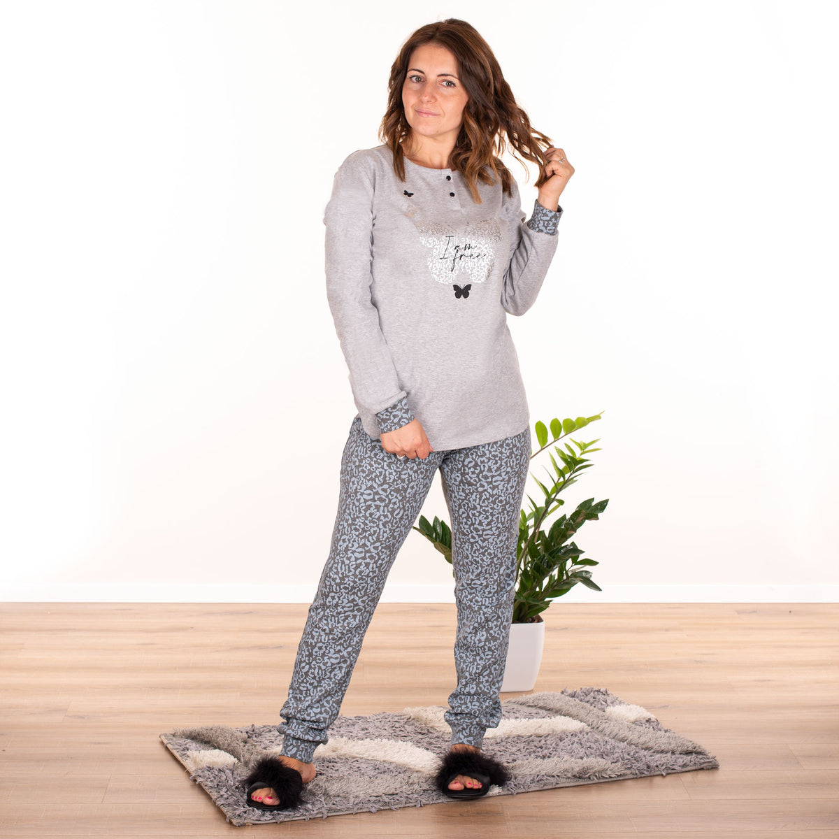 Pigiama donna cotonella caldo cotone manica lunga DDC51 grigio farfalle