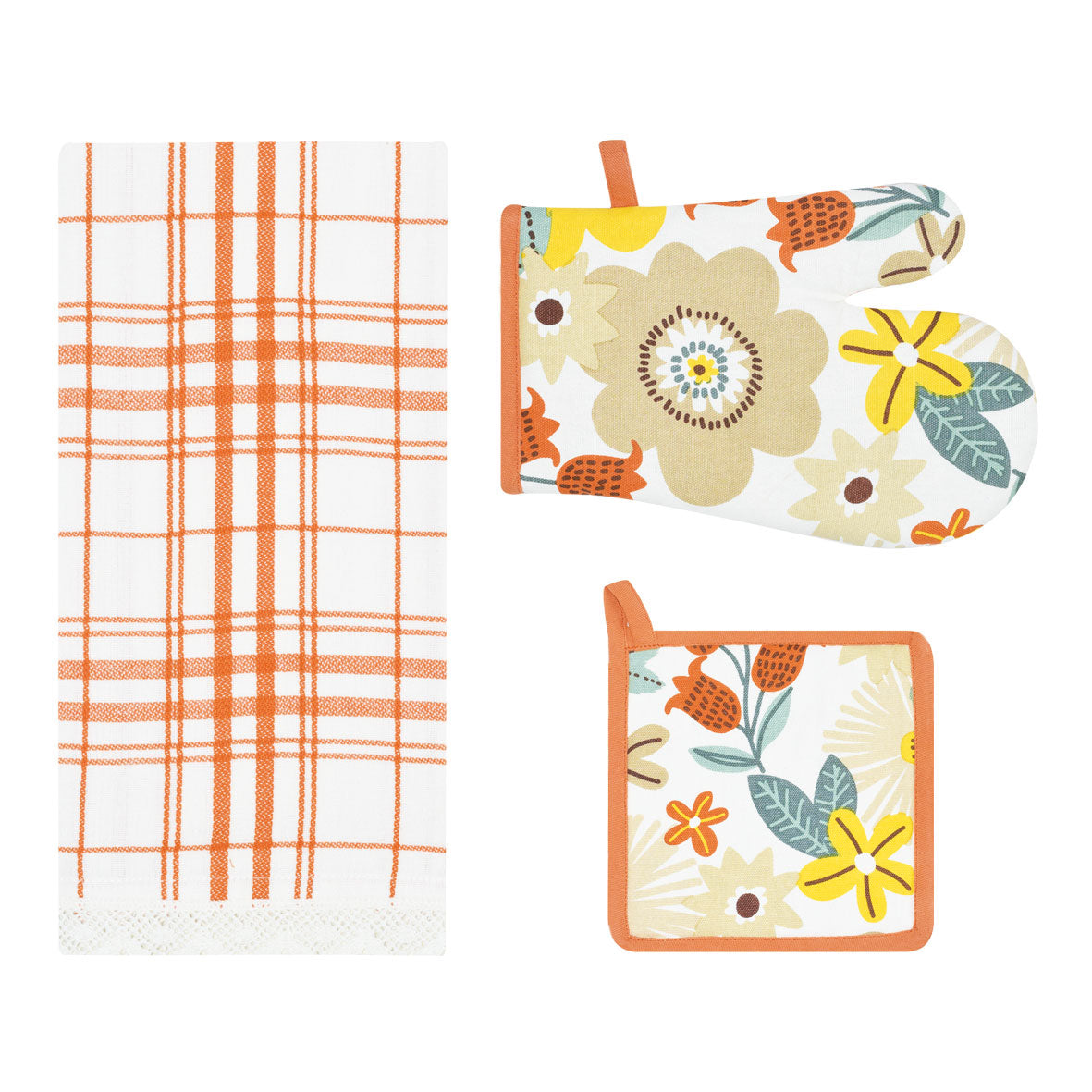 Set di guanto + strofinaccio + presina Preziosa Calisè W01 D arancione