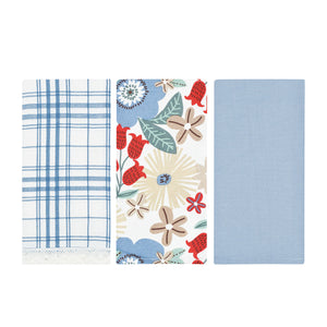 Set da 3 strofinacci Preziosa Calisè W01 D fiori celeste cotone