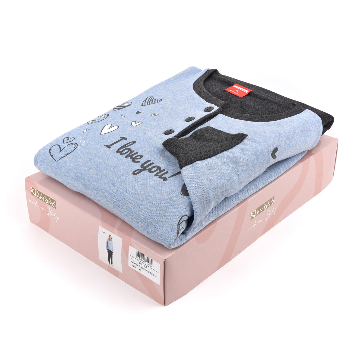 Pigiama donna Ambro cotone felpato I love you D6513.22 celeste