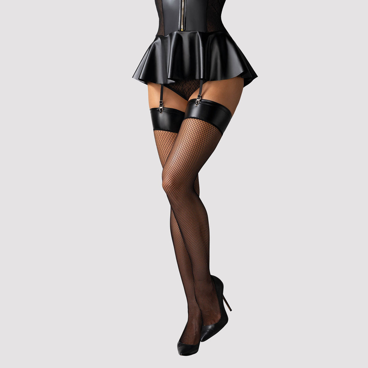 Calze a rete sexy con fascia effetto pelle per reggicalze Obsessive Darkessia