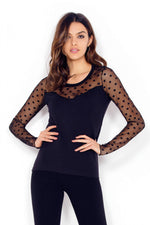 Maglia donna moda Rossoporpora db736 a pois trasparente nera