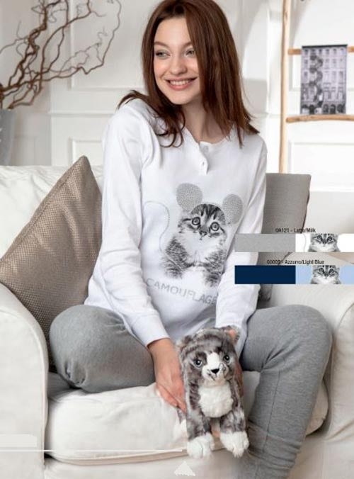 Pigiama donna Cotonella DD997 caldo cotone gattino