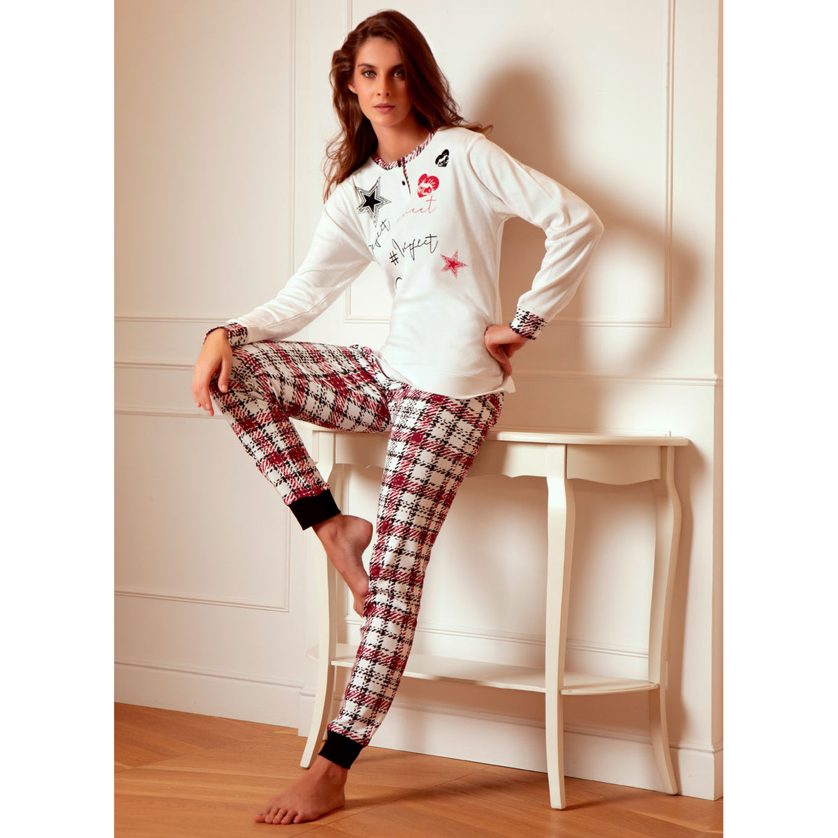 Pigiama donna Cotonella caldo cotone DDC47 quadri panna rosso