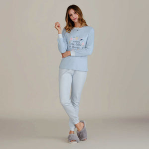 Pigiama donna invernale celeste panna interlock Cotonella DDD68