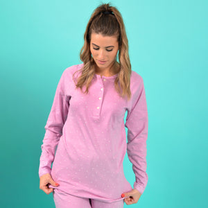 Pigiama donna invernale Karelpiù SE3405 caldo cotone malva a pois