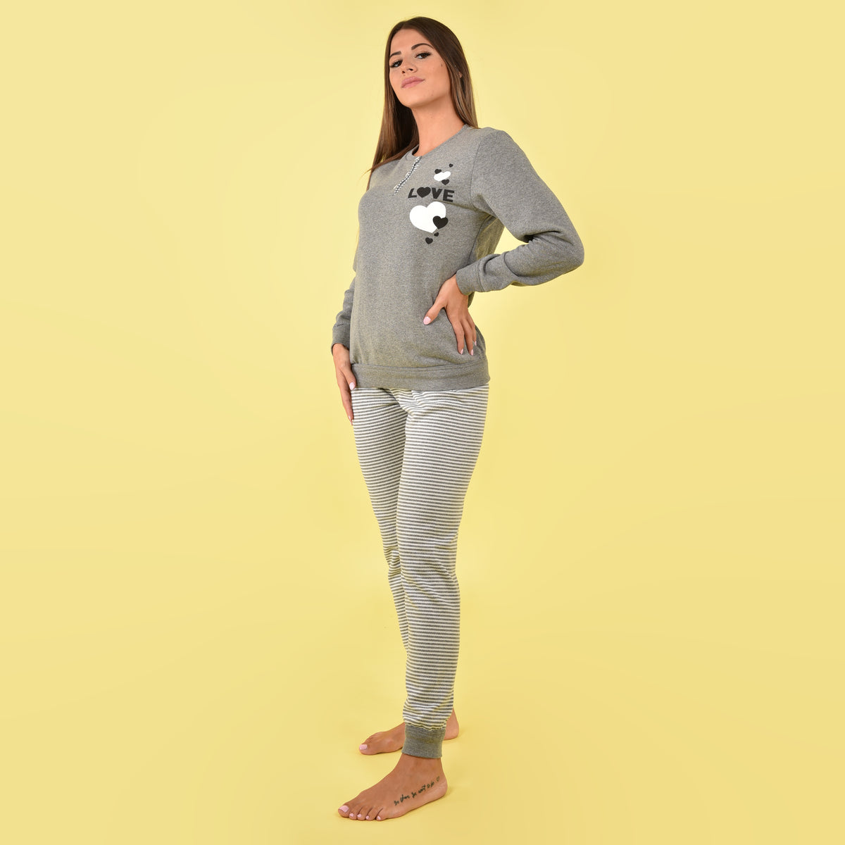 Pigiama donna cotone felpato Ambro D6507.22 grigio Love