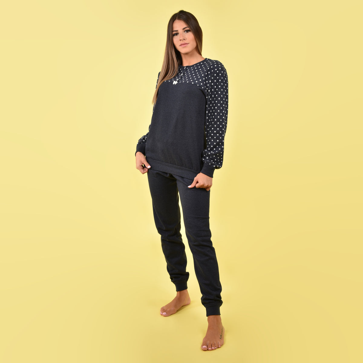 Pigiama donna Ambro 6510.22 pois blu cotone felpato caldo