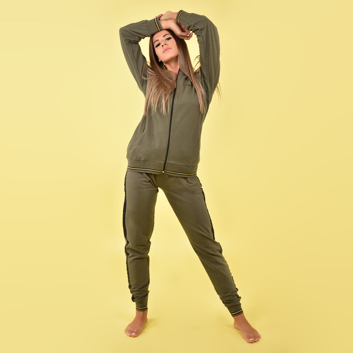 Tuta zip pigiama donna cotone felpato Biancaluna D2014 verde militare
