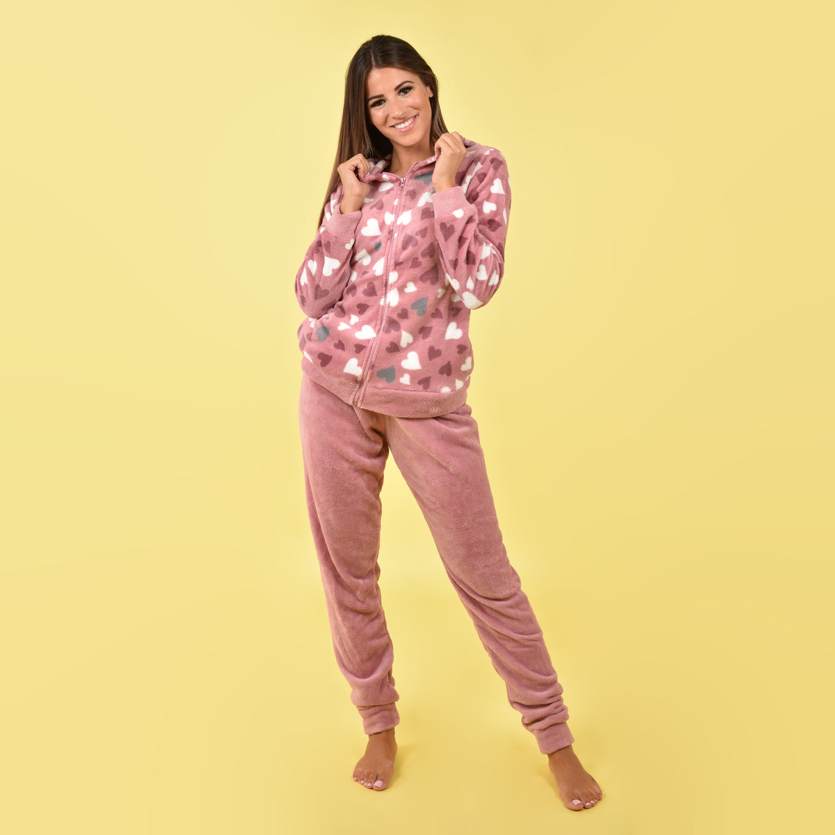 Pigiama giacca e pantalone coral caldo cuori Biancaluna 33002 rosa