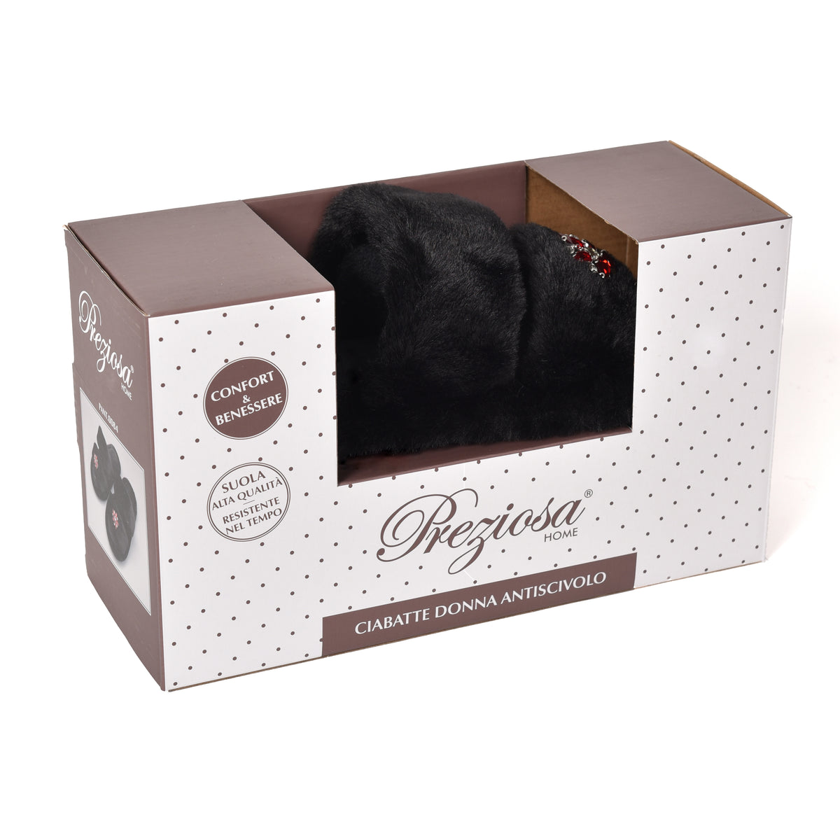 Pantofole ecopelliccia con gioiello nere aperte Preziosa 0084
