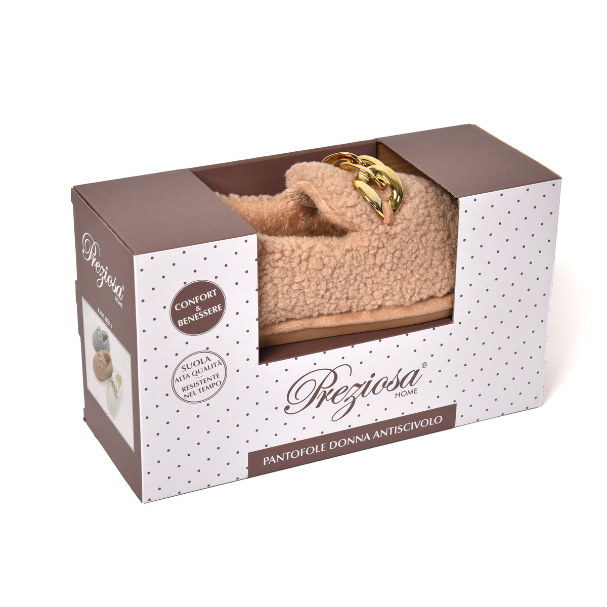 Pantofole tessuto teddy mocassino casa calde catena oro 0071 beige