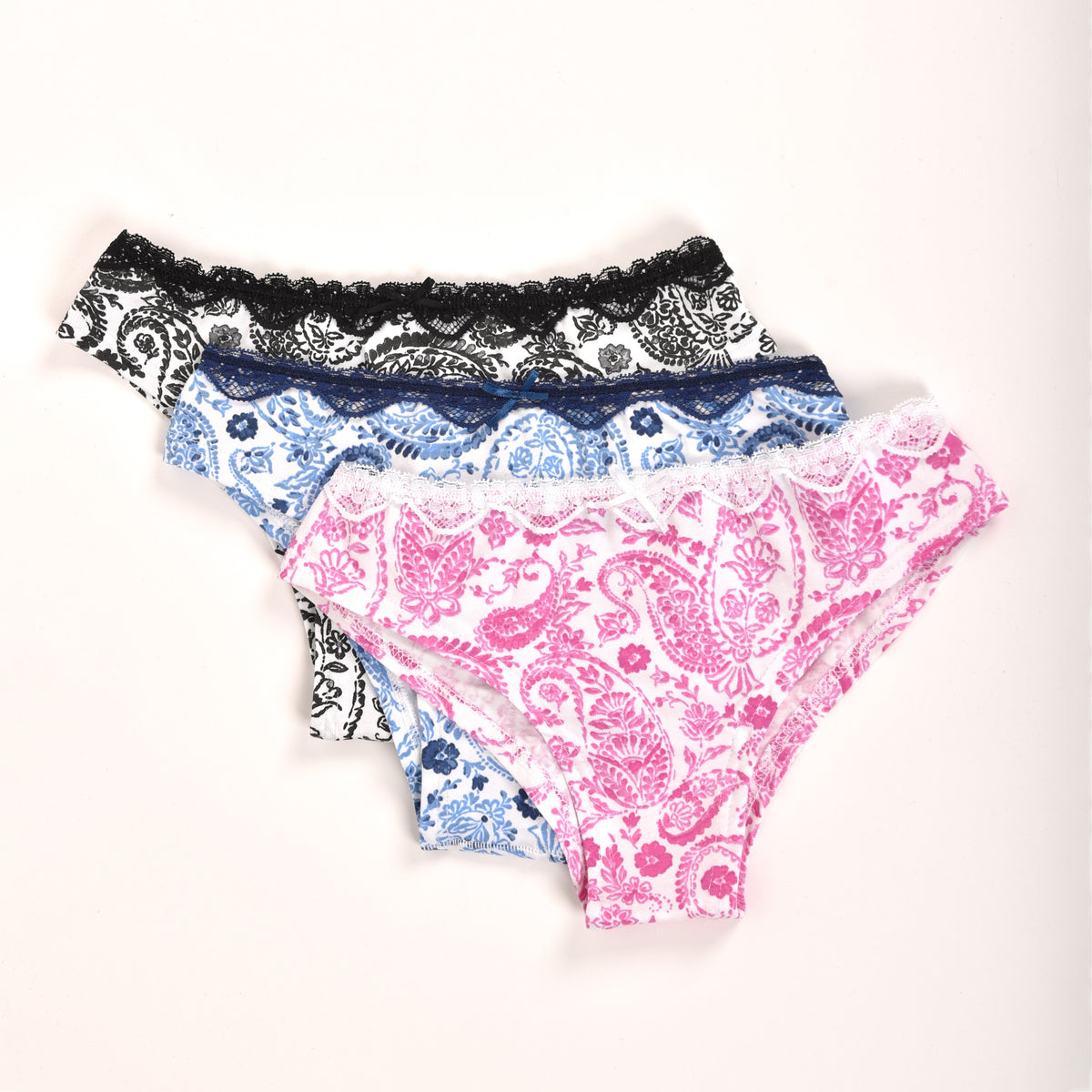 Brasiliane Jadea 6309 motivi floreali blu-fucsia-nero in cotone elasticizzato 3pz