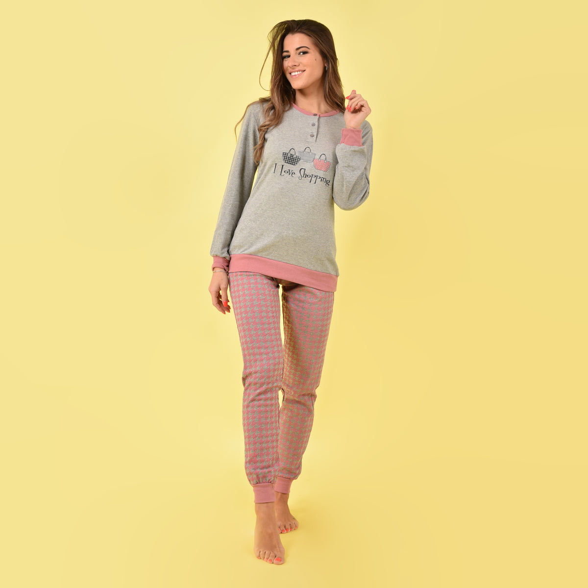 Pigiama donna caldo cotone grigio e rosa malva Ambro D6018.22