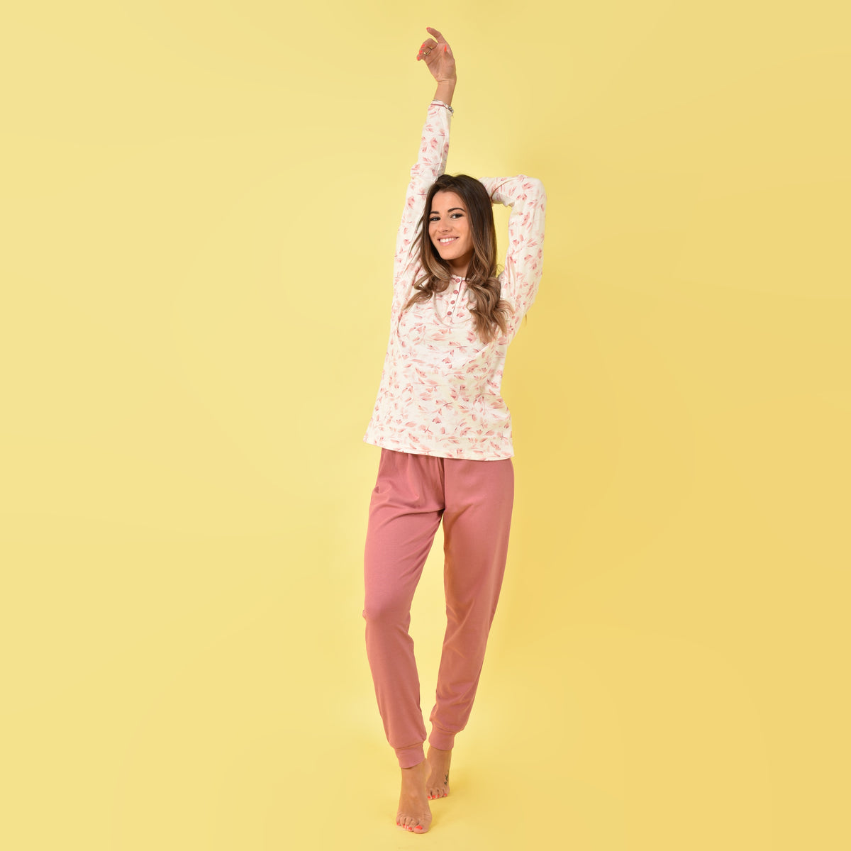 Pigiama donna caldo cotone rosa fiori Cippi 2267