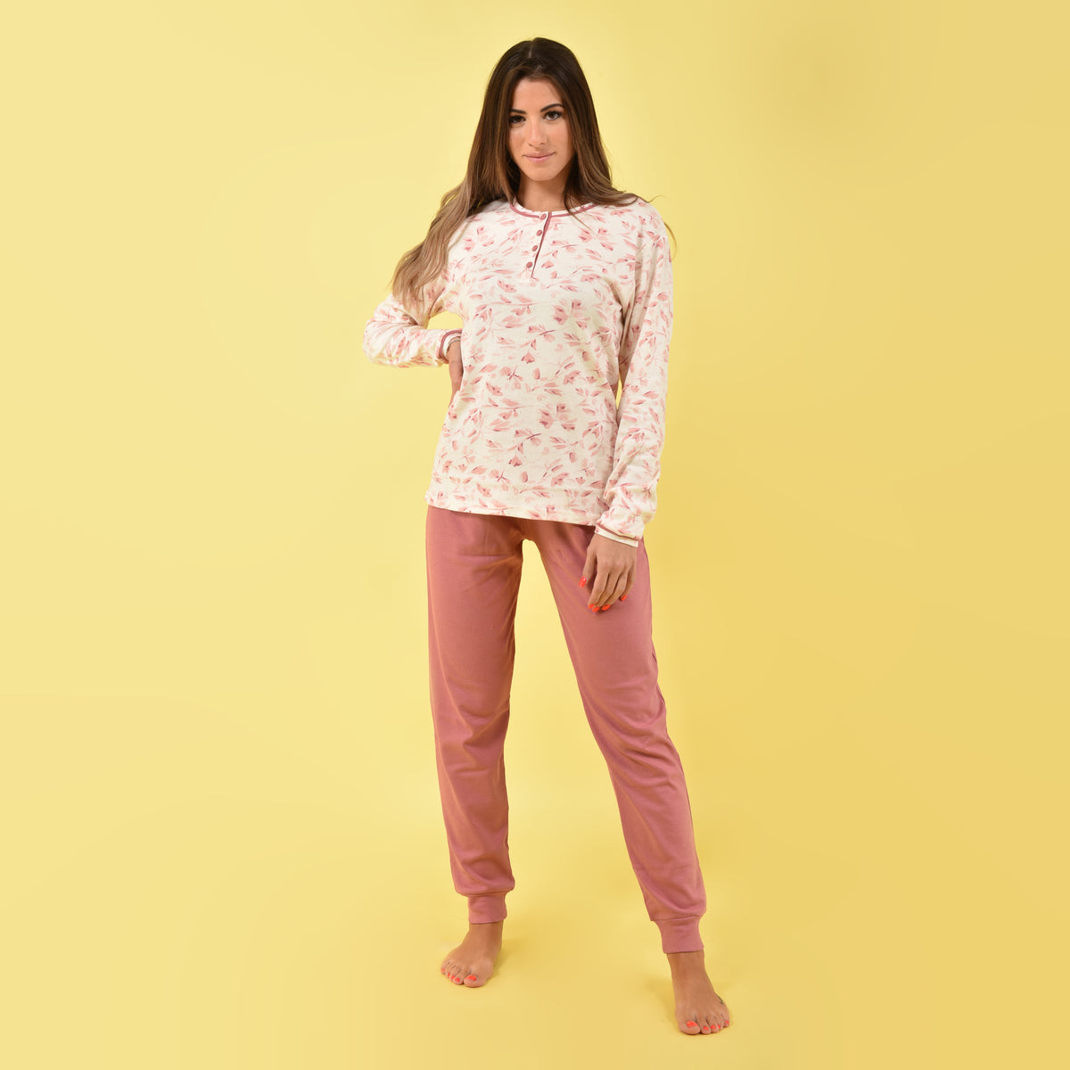 Pigiama donna caldo cotone rosa fiori Cippi 2267