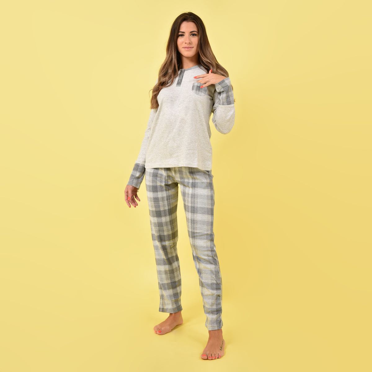 Pigiama donna invernale Cippi 2226 caldo cotone grigio chiaro melange