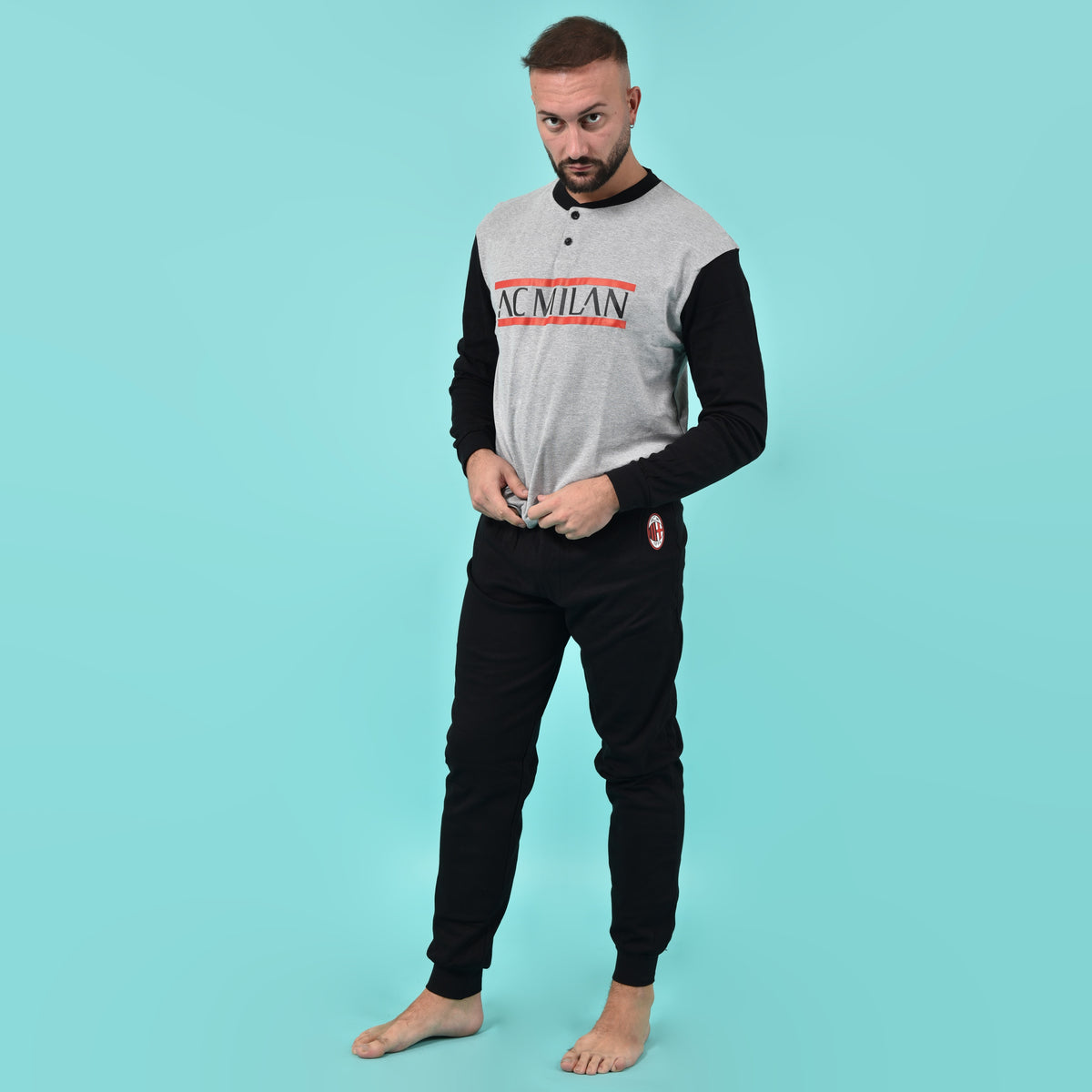 Pigiama uomo AC Milan serafino caldo cotone B2MI14130 grigio melange