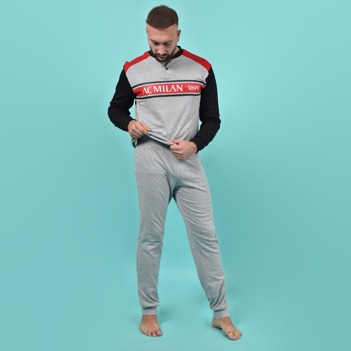 Pigiama uomo AC Milan serafino caldo cotone B2MI14131 grigio melange