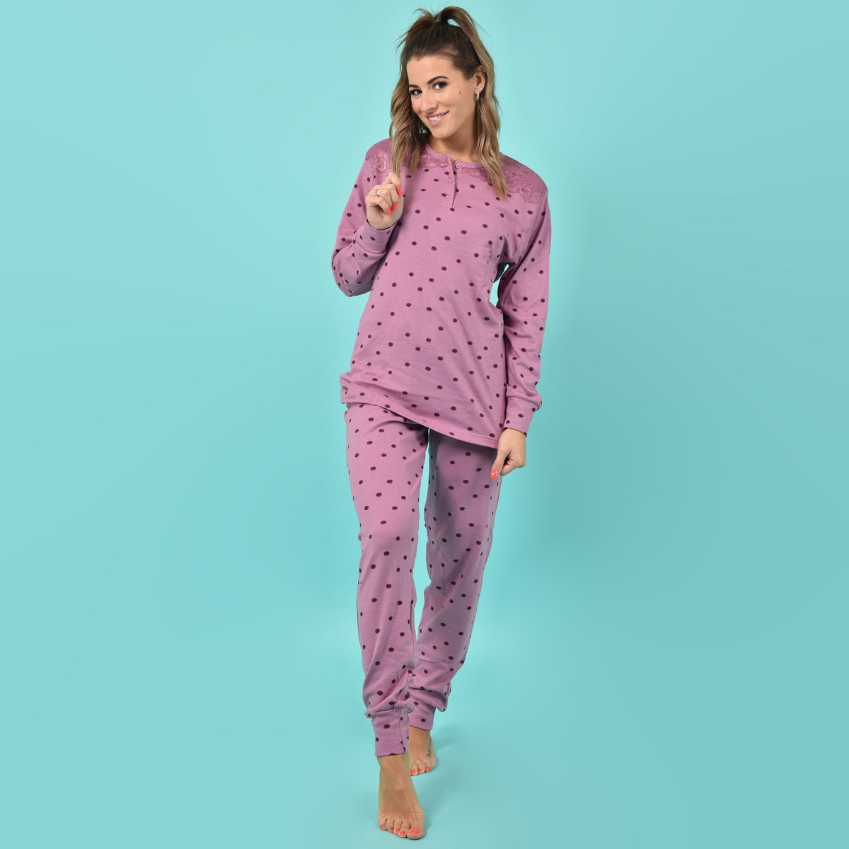 Pigiama donna invernale Karelpiù SE3400 caldo cotone pois pizzo malva